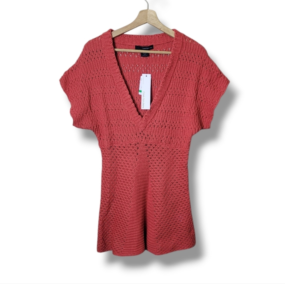 Calvin Klein Jeans Open Knit Longline Short Sleeve Sweater Size L NWT